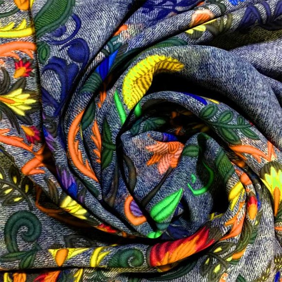 Floral Hippie Shawl. Printed Denim Swedish Folk Chiffon Scarf - Picture 11 of 12